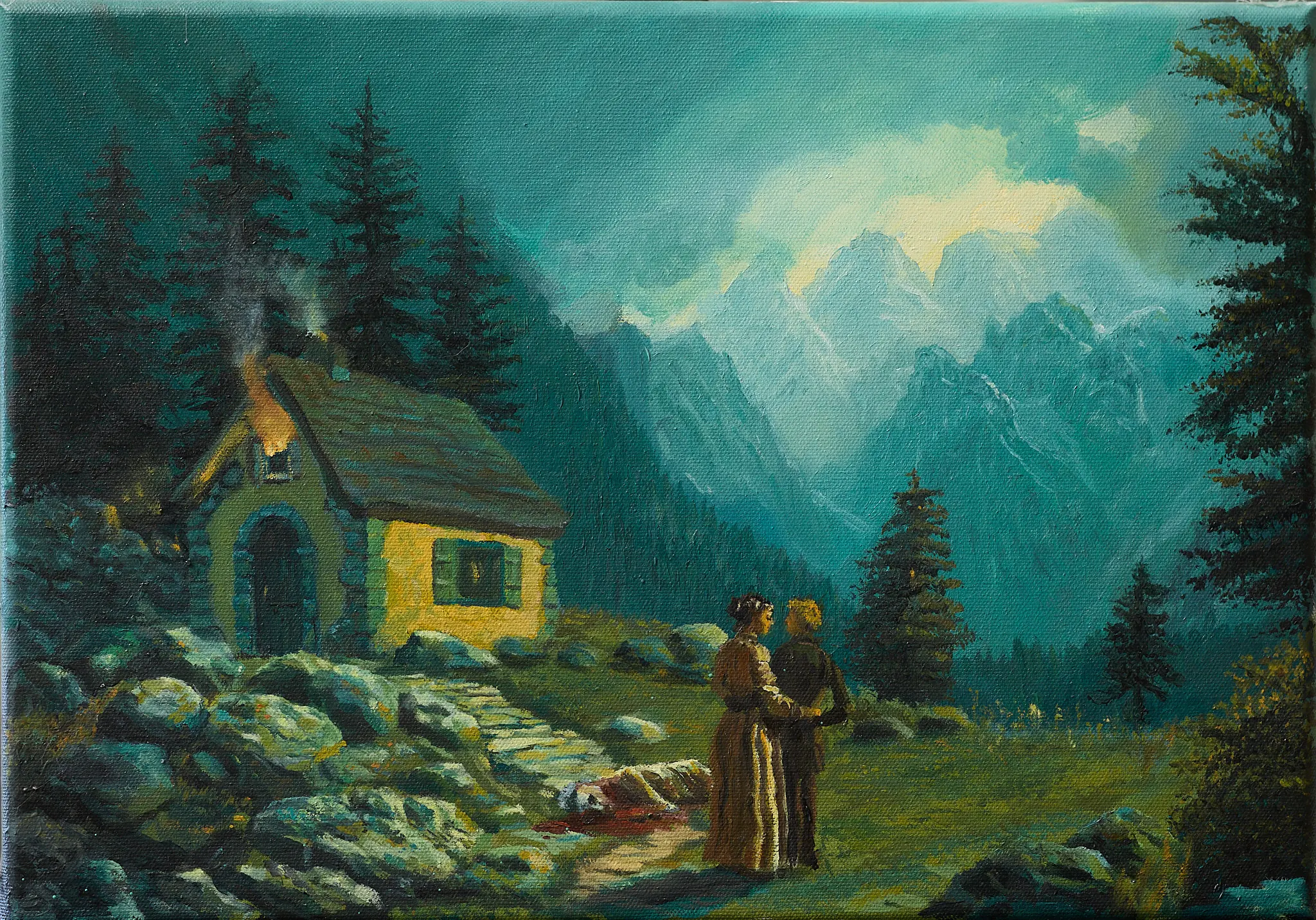 Zwei Jugendliche stehen vor einem brennenden Lebkuchenhaus in einer nebligen Berglandschaft bei Nacht. Die alte Frau liegt tot auf dem Weg. Die Kinder wirken kalt und ungerührt. Kalte Blau-Grün-Töne dominieren, nur das Feuer leuchtet warm. Eine düstere Umkehrung des Märchens Hänsel und Gretel. Gemälde von Wolfram Hölzel, Öl auf Leinwand.