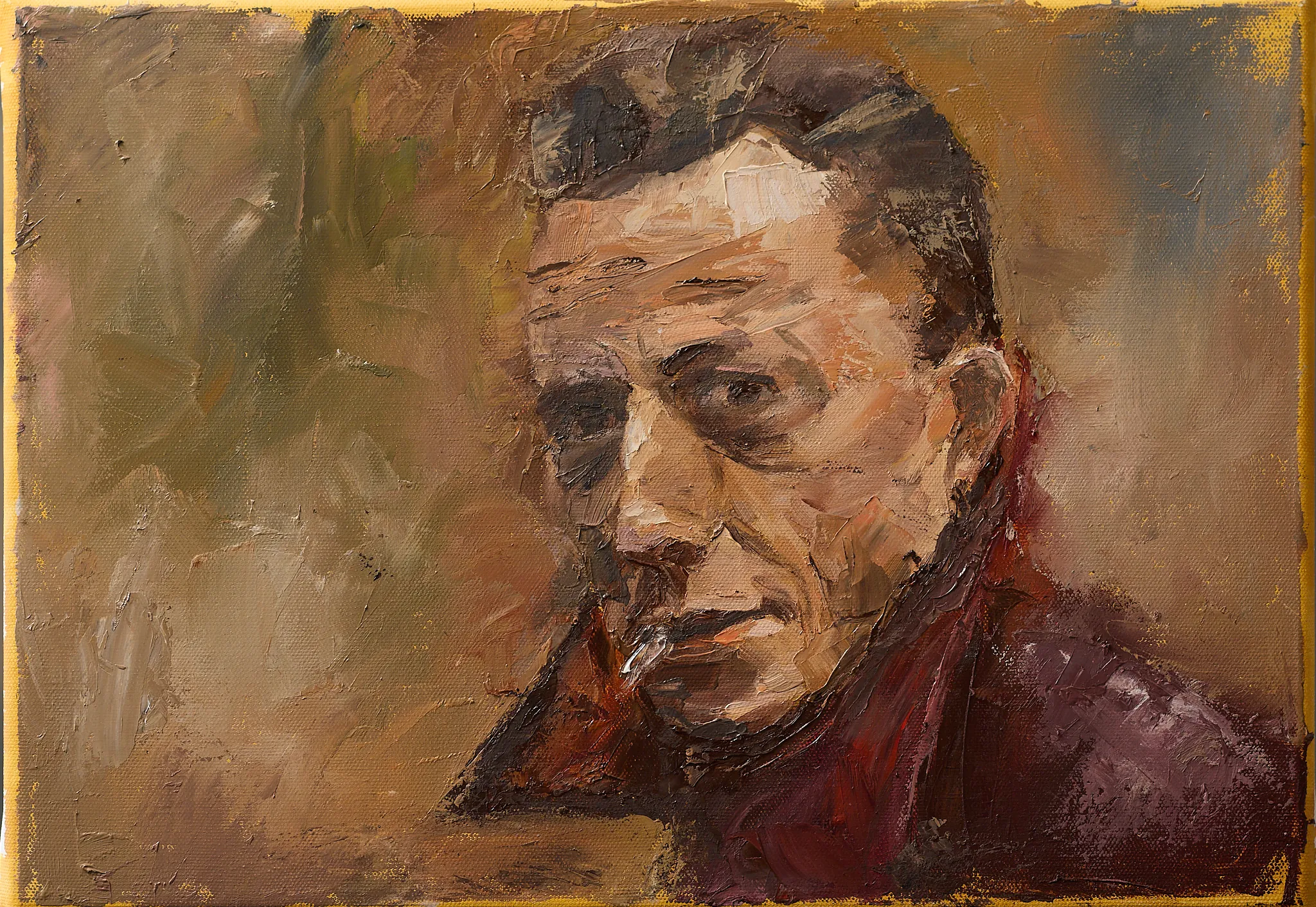 Ölgemälde von Wolfram Hölzel: Expressives Porträt von Albert Camus. Ein Mann mittleren Alters mit markanten Gesichtszügen und intensivem Blick. Pastöser Farbauftrag in warmen Erdtönen vor goldfarbenem Hintergrund.