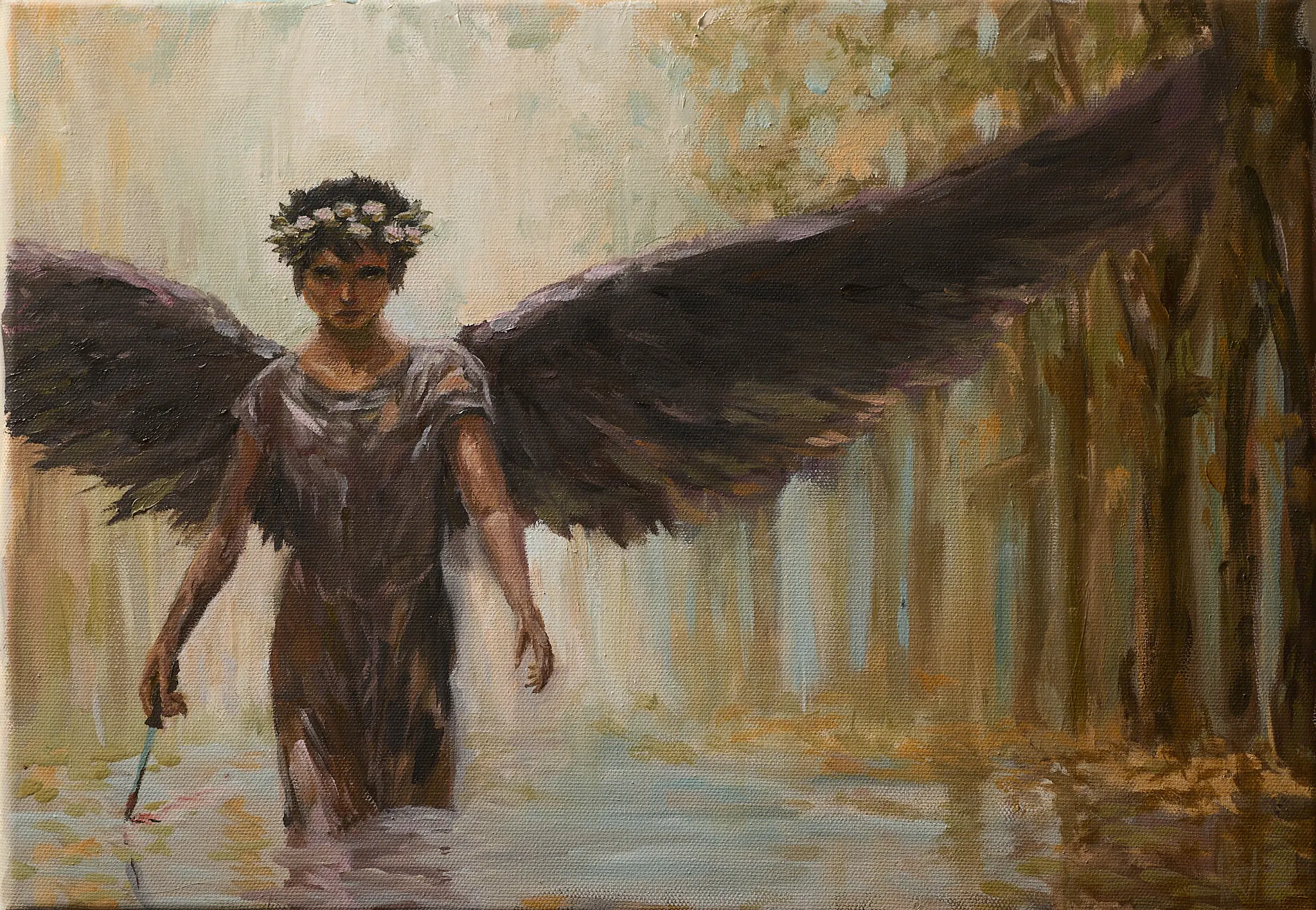 Eine geflügelte Frau mit Blumenkranz und dunklen Schwingen schreitet wütend und entschlossen durch einen herbstlichen Wald. Sie hält ein Messer in der Hand, der Blick ist hart und direkt. Warme Gold- und Brauntöne. Gemälde von Wolfram Hölzel, Öl auf Leinwand.