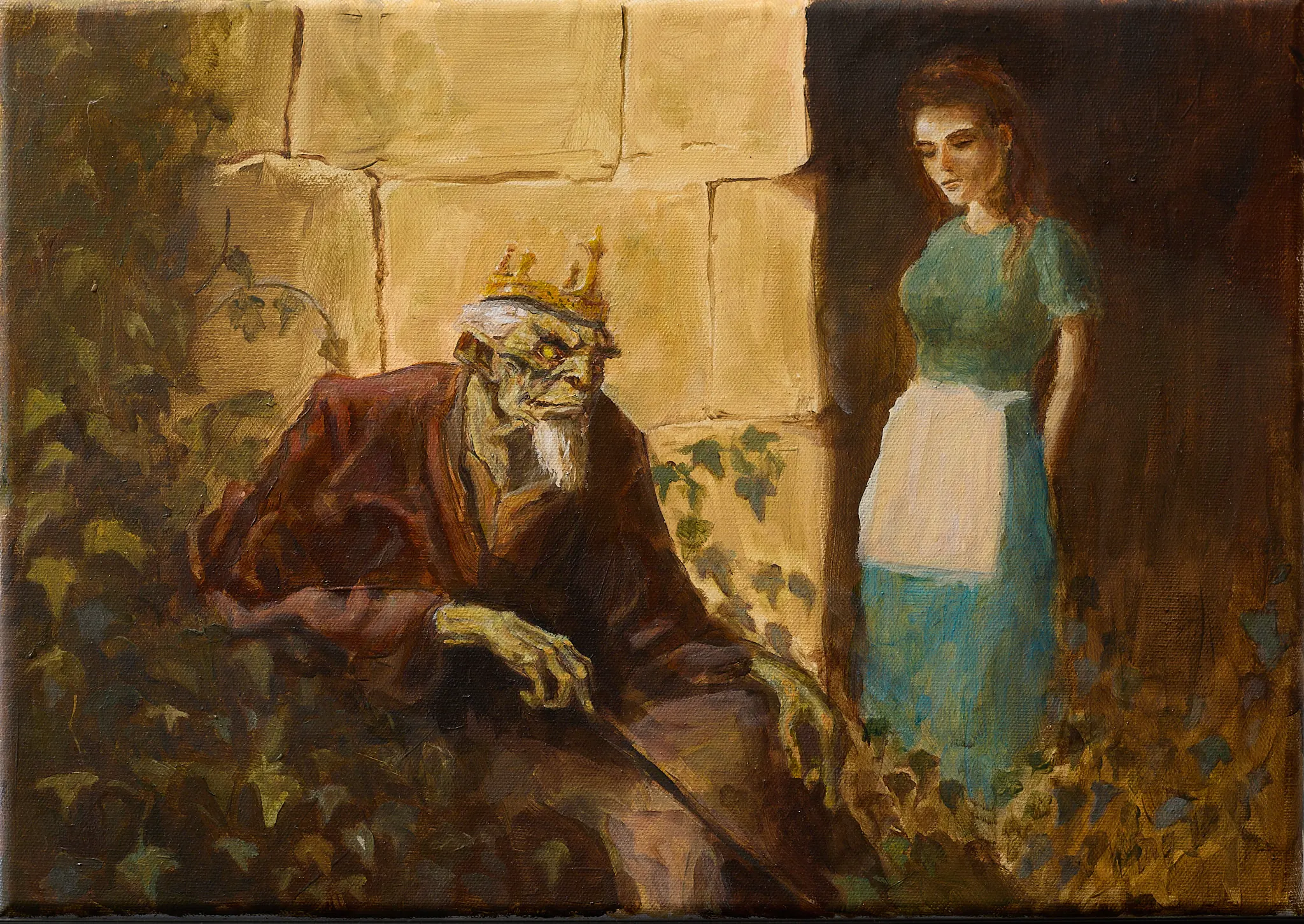 Der Froschkönig als alter fieser König und die unterdrückte Prinzessin – Märchengemälde von Wolfram Hölzel