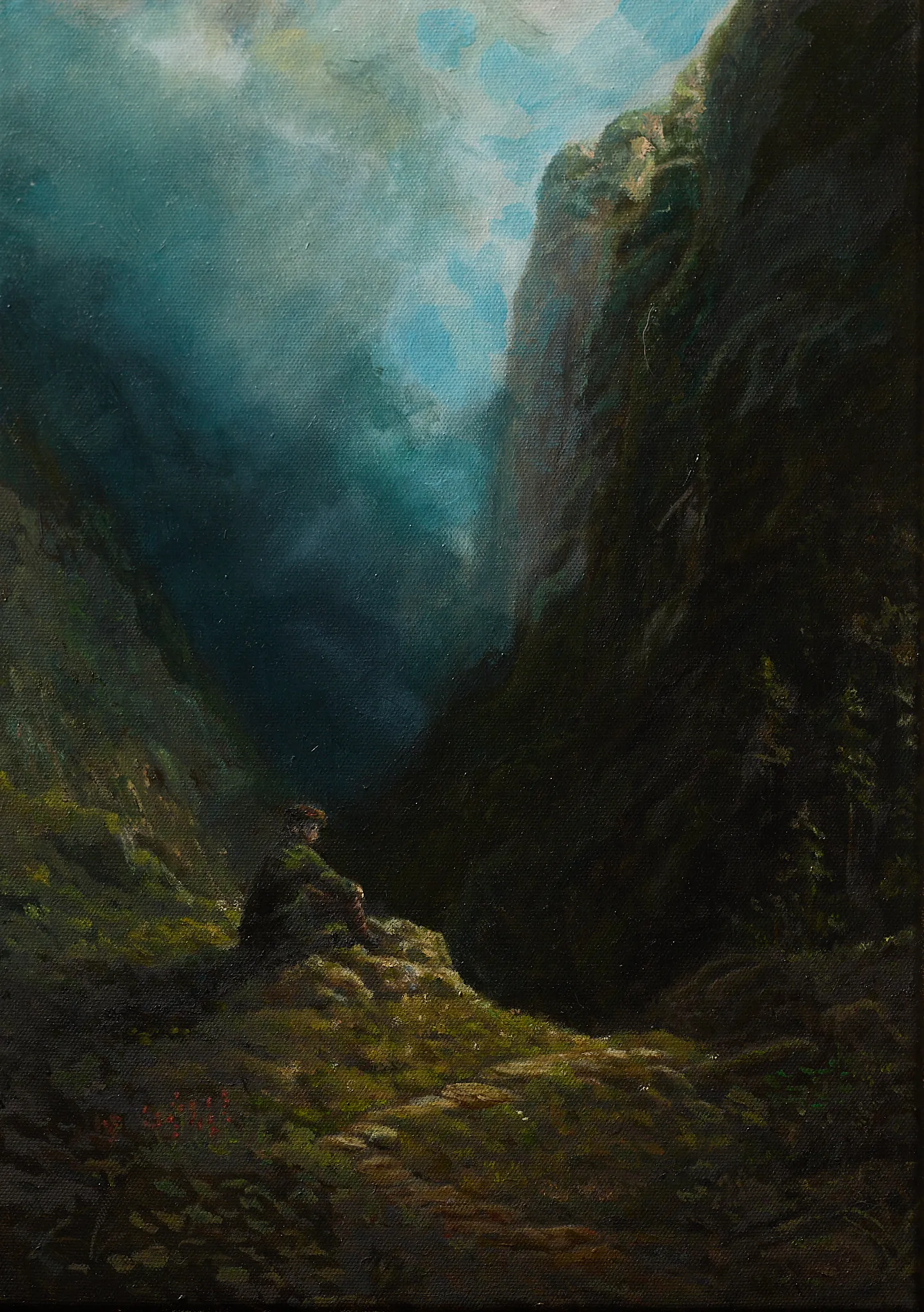 Der Wanderer am Hochtal – Ölstudie nach Carl Spitzweg von Wolfram Hölzel. Einsame Figur in dramatischer Gebirgslandschaft, Öl auf Leinwand, 29,7 × 42 cm, 2026.