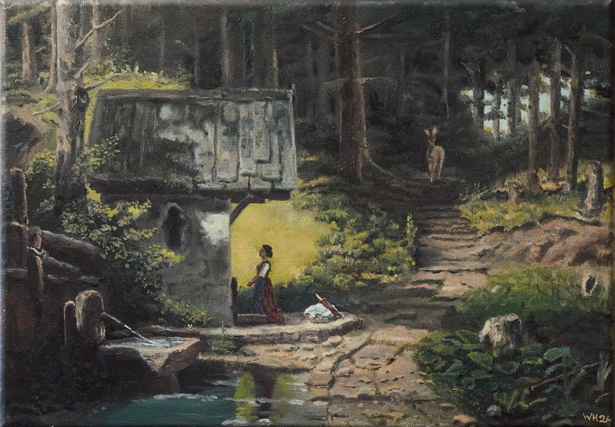 Ölgemälde von Wolfram Hölzel, Kunststudie nach Carl Spitzweg: Eine Frau in traditionellem Kleid auf einem Steinweg vor einer kleinen verwitterten Waldkapelle. Im Hintergrund dichter grüner Wald und ein Reh. Warme Erdtöne mit sattem Grün, romantisches Waldlicht.