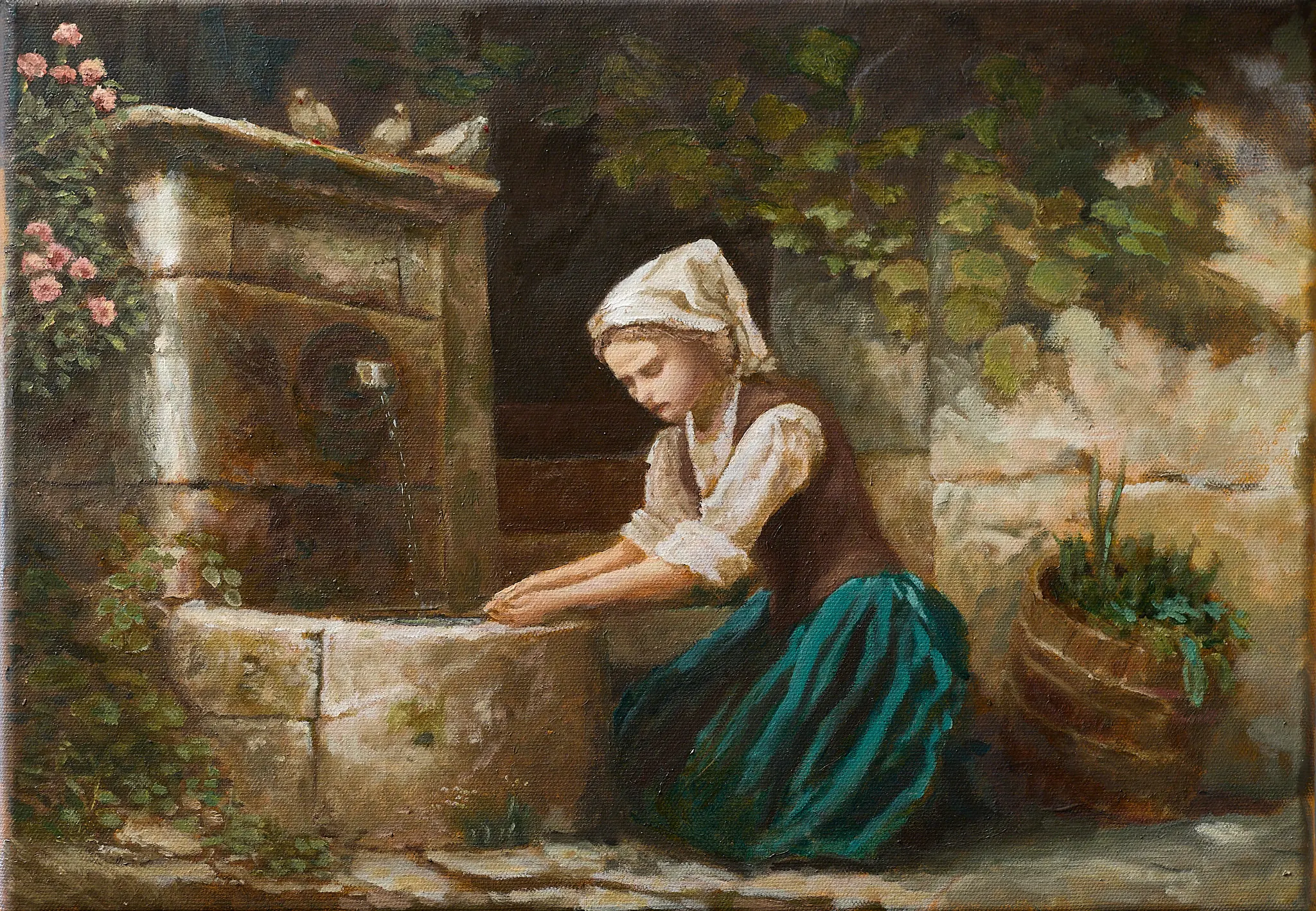 Ein junges Mädchen kniet an einem alten Steinbrunnen in einem begrünten Innenhof. Sie trägt ein weißes Kopftuch, eine braune Bluse und einen türkisfarbenen Rock. Ihre Hände tauchen ins Wasser, der Blick ist nach unten gesenkt, nachdenklich. Tauben sitzen auf dem Brunnenrand. Rosa Rosen blühen an der Mauer. Warme gedämpfte Erdtöne. Gemälde von Wolfram Hölzel, Öl auf Leinwand.