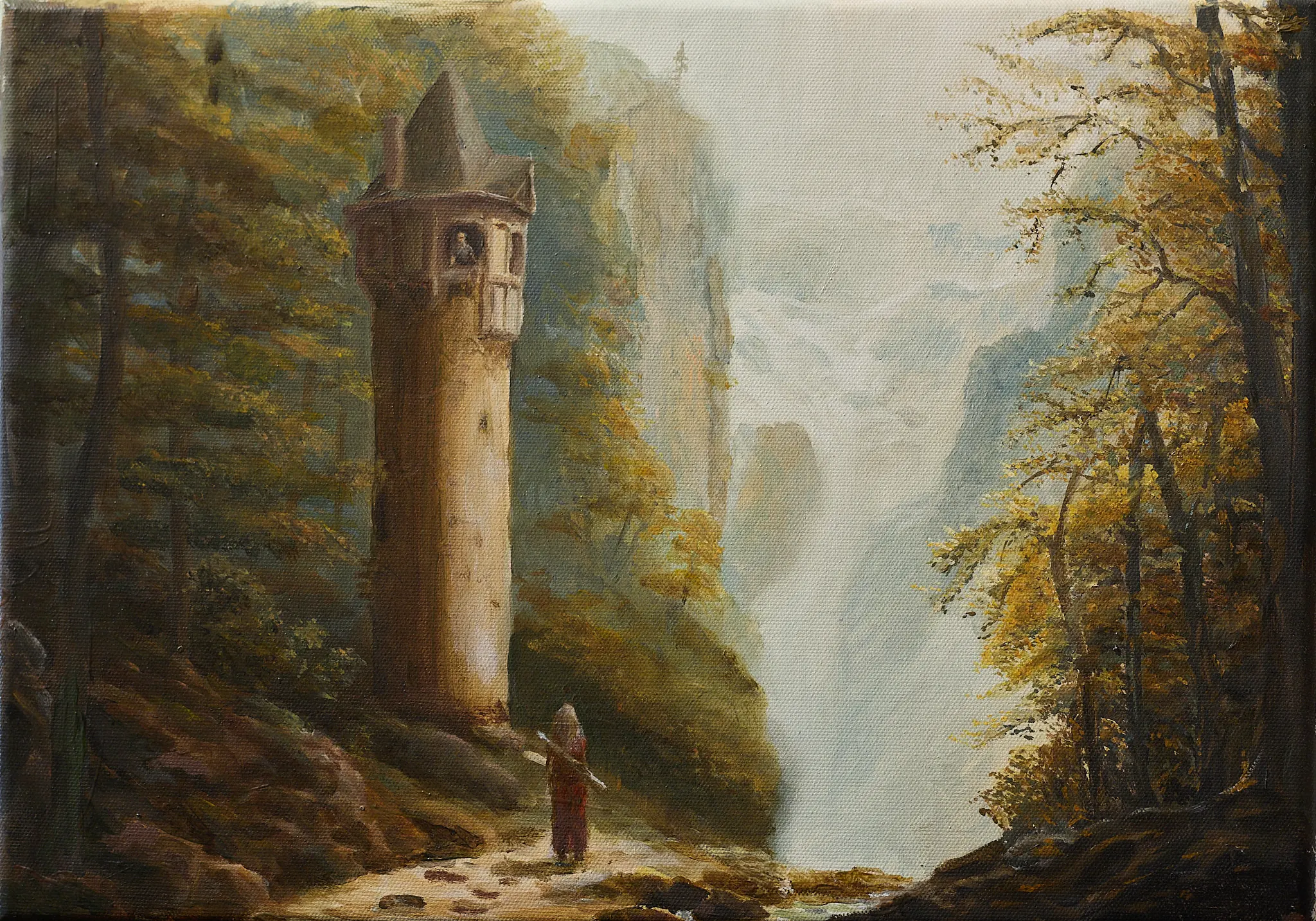 Rapunzel rettet den Prinzen – der Turm im herbstlichen Wald, Märchengemälde von Wolfram Hölzel