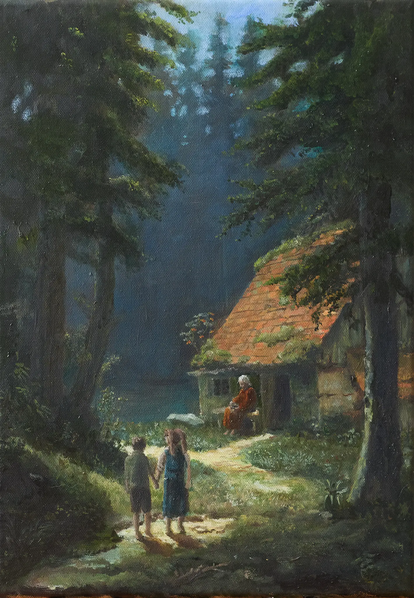 Das Idyll – Alternative Erzählung zu Hänsel und Gretel von Wolfram Hölzel. Zwei Kinder gehen Hand in Hand auf ein moosbewachsenes Häuschen am Waldteich zu, vor dem eine alte Frau in warmer Kleidung sitzt. Öl auf Leinwand, 2026.